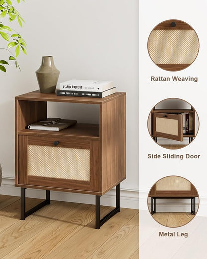 Rattan Nightstand, Boho Night Stand Farmhouse Wood Bedside Table with Storage and Open Shelf, End Side Accent Table for Bedroom,Living Room,Walnut