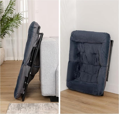 Comfy Saucer Chair for Adults, Soft Faux Fur Bedroom Chair with Ottoman, Accent Dorm Chairs, Living Room Reading Chairs and Footstool, Folding Lounge Seat for Teens, X-Large, Navy Blue