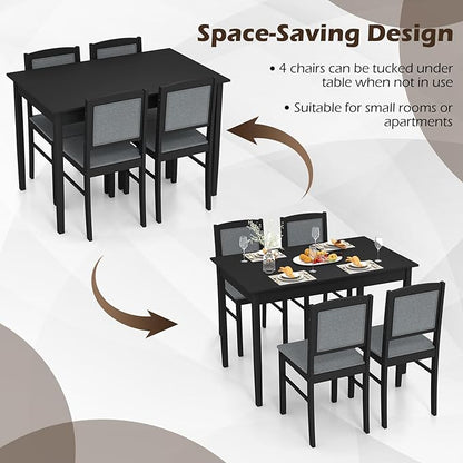 Giantex 5-Piece Dining Table Set for 4 - Breakfast Nook Table Set with Kitchen Table, 4 Upholstered Chairs, Wood Legs, Space-Saving Dinette Set, Kitchen Table Chairs Set of 4 (Black+Grey)