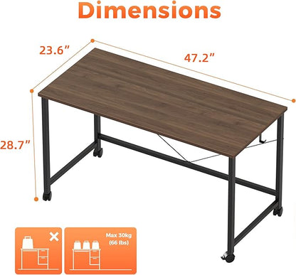 Rolling Computer Desk with Wheels, Gaming Desk for Small Spaces, Modern Simple Style Table for Home Office, Study Writing Table (Caster, Walnut, 48 inch)