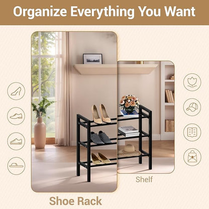 Haddockway Bamboo Shoe Rack for Closet, Free Standing Shoe Organizer with Smooth Round Rods & Convenient Handles, Stackable Shoe Storage Shelf for Entryway, Hallway(Black, 3-Tier(Small))