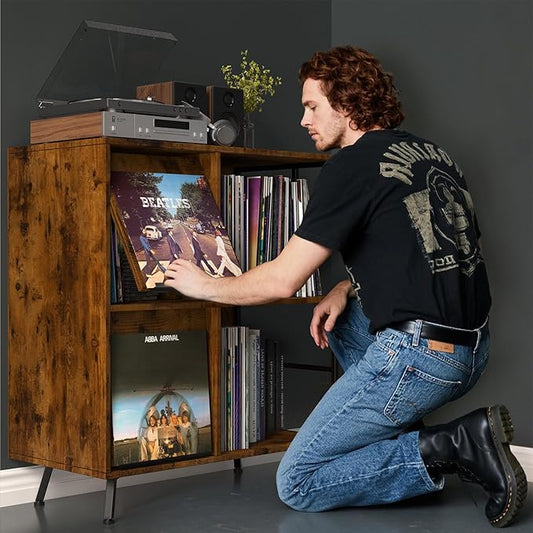 3 Tier Record Player Stand, Flip Top Record Player Cabinet, Mid Century Record Player Table with Shelves Holds up to 300+ Albums, Vinyl Record Storage with 4 U-Dividers for Living Room Bedroom, Brown