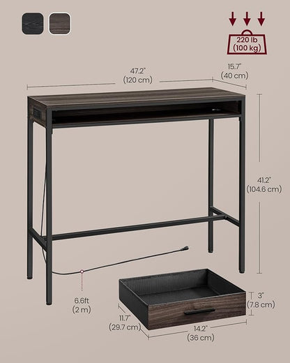 VASAGLE Bar Table with Power Outlets, 47.2 Inches Long Bar Height Pub Table, Rectangular High Top, with Movable Drawer, 2 Hooks, Narrow Storage for Kitchen, Dining, Entryway, Ash Brown