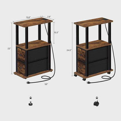 TUTOTAK Small Narrow End Tables, LED Side Tables with 2 Fabric Drawers, Set of 2, Bedside Tables with Charging Station for Small Spaces, Slim Nightstands with USB Ports and Wheels, TB01BB053CL