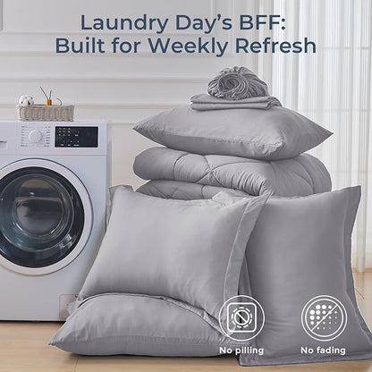 HEVUMYI Light Grey King Comforter Set - 7-Piece All Season Bed in a Bag King, Ultra Soft Bedding Set with Comforter, Flat Sheet, Fitted Sheet, Pillowcases, Pillow Shams, Light Gray