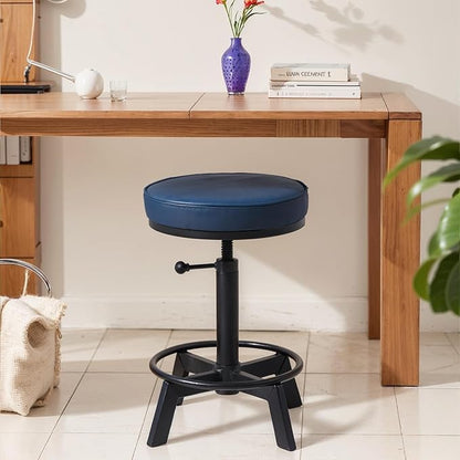 Vintage Short Bar Stools Industrial Swivel Counter Stools 17-24inch Height Adjustable Rustic Leather PU Seat Chairs for Kitchen Island Extra Seat Beside Sofa (Dark Blue)