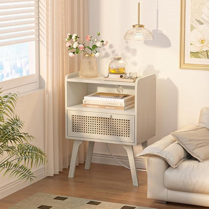 Lerliuo Rattan Nightstands Set of 2 with Charging Station, Side Table with Drawer Open Shelf, Cane Accent Bedside End Table, Night Stand for Bedroom, Dorm and Small Spaces (Grey White)