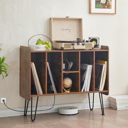 Large Brown Record Player Stand with Vinyl Storage, Power and USB Port, Holds Up to 200 Albums, Turntable Stand with Record Storage Cabinet