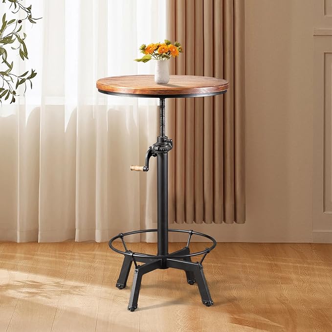LOKKHAN 33.5-39.4 Inch Tall Industrial Bar Table-Adjustable Bar Height Bistro Whiskey Pub Table-23.7" Dia Swivel Round Wood Top Metal Base-Easily Adjusts by Crank Handle