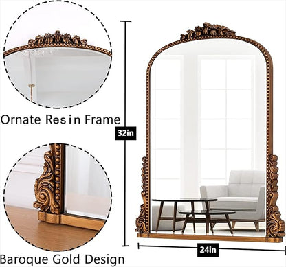 SHYFOY Antiqued Wall Mirror Decorative Vintage Mirrors for Wall Decor, Baroque Wall Mirrors Ornate Arch Mantel Mirror for Living Room Entryway Powder Room, Bronze Dark-Gold Wall Decor, MDF Backing