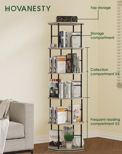 5 Tier Rotating Bookshelf, 360 Display Round Spinning Bookshelf Tower for Kids Room, Corner Shelf for Living Room, Office, Bedroom, Black