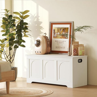DINZI LVJ Storage Chest, 39.4”Wooden Storage Box with 2 Safety Hinges, Entryway Shoe Bench with Flip-Top, Trunk for Living Room, Bedroom, Easy Assembly, White