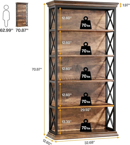 Tribesigns 6-Tier Bookcase, 71 Inches Industrial Bookshelves and Bookcases, Floor Standing 5 Shelf Display Storage Shelves Tall Bookcase for Home Office, Living Room, Bed Room, Brown and Black