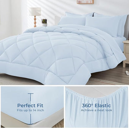 HEVUMYI Light Blue Twin Comforter Set - 5-Piece All Season Bed in a Bag Twin, Ultra Soft Bedding Set with Comforter, Flat Sheet, Fitted Sheet, Pillowcases, Pillow Shams