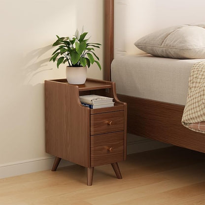 Small Nightstand with Drawers, Solid Wood Bedside Table, Narrow Walnut Nightstand for Bedroom