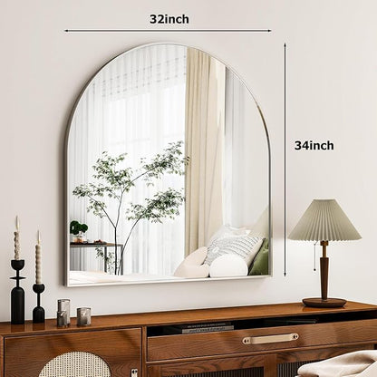 Arched Bathroom Mirror, 32x34 Inch - Wall Mounted Vanity Mirror with Aluminum Alloy Frame - Ideal for Living Room, Bedroom, Bathroom, and Entryway, Hanging or Leaning,Sliver