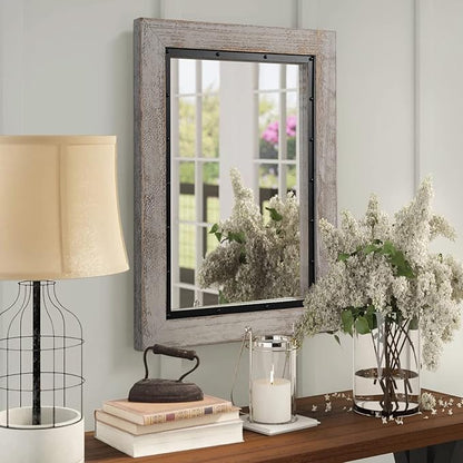 YOSHOOT Rustic Wooden Framed Wall Mirror, 40"x30", Natural Wood and Iron Bathroom Vanity Mirror for Farmhouse Decor, Vertical or Horizontal Hanging
