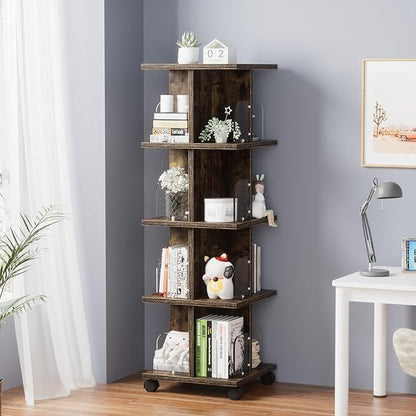 VECELO 4-Tier Rotating Bookshelf, Modern Swivel Bookcase for 360°Display,Stackable Square Book Shelves Floor-Standing Storage for Home Office, Solid Wood, Smooth Spinning, Brown