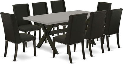 East West Furniture X697FL624-9 9 Piece Dining Room Furniture Set Includes a Rectangle Dining Table with X-Legs and 8 Black Linen Fabric Upholstered Chairs, 40x72 Inch, Multi-Color
