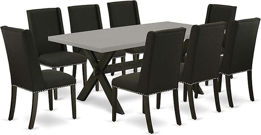 East West Furniture X697FL624-9 9 Piece Dining Room Furniture Set Includes a Rectangle Dining Table with X-Legs and 8 Black Linen Fabric Upholstered Chairs, 40x72 Inch, Multi-Color