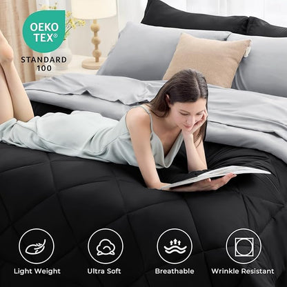 HEVUMYI King Comforter Set - 7-Piece All Season Bed in a Bag King, Ultra Soft Bedding Set with Comforter, Flat Sheet, Fitted Sheet, Pillowcases, Pillow Shams, Black & Light Grey