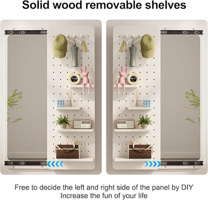 KungFuWood Full Length Mirror with Shelf and Hooks,Entry Way Mirrors for Wall,Wall Mirror with Shelf,Wall Mirror with Storage Multifunctional Design Panel,Living Room