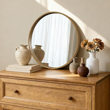 HOMECOOKIN Round Wood Mirror 24 inch Circle Wall Mirror for Bathroom, Vanity, Entryway, Living Room Decor, Natural Wood Accent Mirror