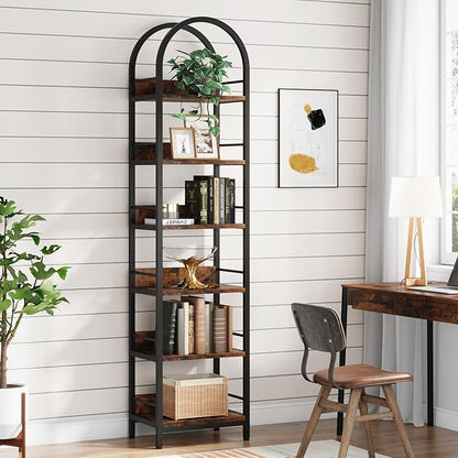 LITTLE TREE 78.7 Inches Tall Arched Bookshelf, 6 Tiers Skinny Open Bookcase with Metal Frame, Freestanding Corner Display Shelves Rack for Living Room, Home Office, Brown