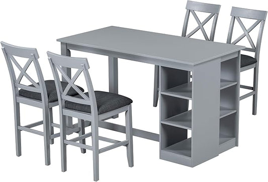 Merax 5 Piece Solid Wood Farmhouse Counter Height Dining Table Set with 3-Tier Storage Shelves,and 4 Upholstered Dining Chairs,Gray