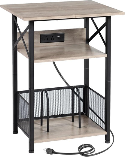 AMHANCIBLE Record Player Stand with Charging Station, Large Turntable with Storage Cabinet holds up to 100 Albums, 3 Tier End Table for Vinyl, Living Room, Grey, HETCD012GY-1