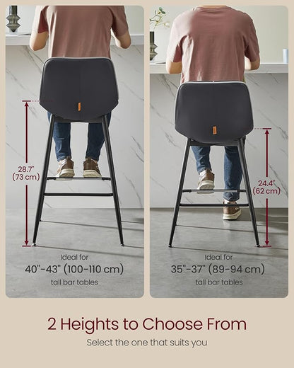 VASAGLE Bar Stools Set of 2, Bar Height Bar Stools with Back, Ergonomic Backrest, Synthetic Leather, Metal Legs, 28.7-Inch Tall Barstools for Kitchen Island Home Bar, Easy Assembly, Ink Black