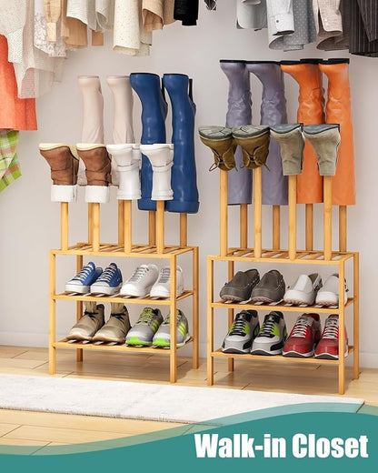 Small Boot Rack with Shoe Rack, Boot Rack Organizer Tall Boots for Closet, Bamboo Wood Shoe Shelf Storage Organizer for Entryway Small Space