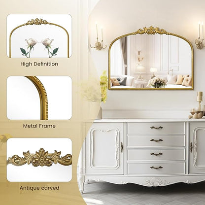 WallBeyond Gold Vintage Mirror - 32x24 Inch, Arched Antique Mirror with Ornate Frame for Bathroom, Living Room, Fireplace, Entryway
