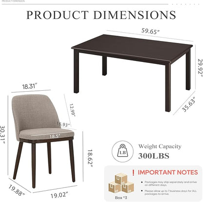 COLAMY 60 Inch Rectangular Kitchen Dining Table for 4, Modern Farmhouse Dining Table Set for 4, Wood Dining Table and Upholstered Dining Chairs for Kitchen, Dining Room, Restaurant, Brown/Camel