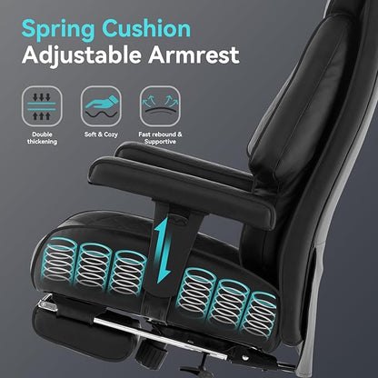 Big and Tall Office Chair with Footrest, PU Leather High Back Executive Office Chair 400lbs, Ergonomic Computer Chairs Lumbar Support for Heavy People (All Black)