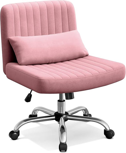Warmiehomy Criss Cross Office Chair with Wheels, Velvet Cross-Legged Desk Chairs for Home, Height Adjustable Swivel Wide Seat Computer Chair, Modern Armless Vanity Chair for Girls Women, Rose Pink