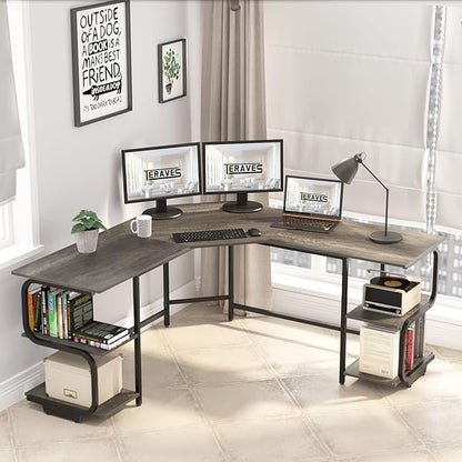 Teraves Modern L Shaped Desk with Shelves,64.84" Gaming Computer Desk for Home Office,Corner Desk with Desktop (Black Oak+Black Frame, Large+4 Tier Shelves)