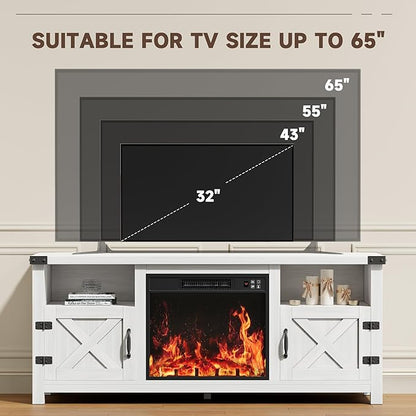 YESHOMY Fireplace TV Stand with Barn Doors and Open Display Shelf, Farmhouse Media Console with Hidden Cable Routing, Entertainment Center for Televisions up to 65+ Inch, White