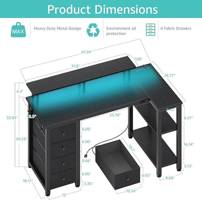 Lufeiya Black L Shaped Desk with Led Lights and Power Outlets, 47 Inch Writing Study Computer Gaming Desks with Fabric Drawers for Bedroom, Home Office Corner Desk with Monitor Stand Shelves, Black