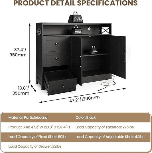 47inch Farmhouse Buffet Sideboard Cabinet, Wood Cupboard Storage Pantry Cabinet with Drawers, Coffee Bar Station Table for Kitchen Living Dining Room, Black
