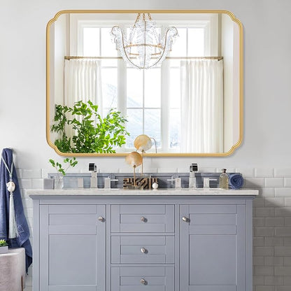 30" x 40"Gold Bathroom Mirror for Over Sink, Modern Rounded Corner Rectangle Wall Mirror for Bathroom Vanity Decorative with Non-Rusting Iron Metal Framed (Horizontal/Vertical)