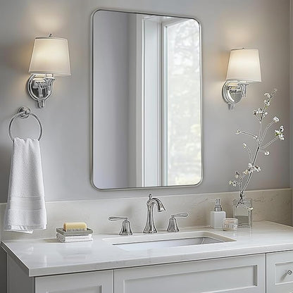 ANDY STAR Brushed Nickel Mirror, Stainless Steel Metal Frame 24x36 Inch Bathroom Mirror for Over Sink, Modern Rounded Corner Slim Silver Vanity Mirror for Wall Mounted Horizontally or Vertically