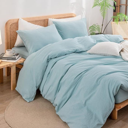 BESTOUCH Duvet Cover Set 100% Washed Cotton Linen Feel Super Soft Comfortable Chic Lightweight 3 PCs Home Bedding Set Solid Hushed Green Queen
