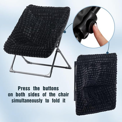HollyHOME X-Large Saucer Chair with Foldable Ottoman, Comfy Oversized Folding Chair and Folding Footrest Stool Set, Faux-Fur Reading Chair and Footstool for Living Room, Bedroom, Black Chair&Stool