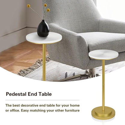 Drink Table Set of 2, Small Round Pedestal Side Table with Carved Top for Living Room, Bedroom, Small Space, Corners and Office, White and Gold