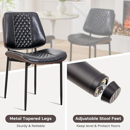 Dining Chairs Set of 2, Upholstered PU Leather Armless Chair, Mid Century Modern Dining Room Chairs, Retro Walnut Bentwood Kitchen Chair with Metal Legs and Adjustable Feet, Black