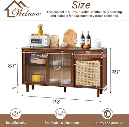 Welnow Buffet Cabinet, Bamboo Sideboard with Storage Rattan Kitchen Display Cabinet with Drawer, Boho Coffee Bar Tables for Kitchen, Living Room, Entryway, Office, Walnut