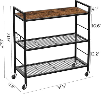 3-Tier Metal Storage Rack with Industrial Wheels,Mesh Shelving Unit with Wooden Table top,Adjustable Shelf,31.5-Inch Width, for Kitchen, Laundry,Pantry,Plant,Black