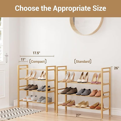 Haddockway Bamboo Shoe Rack for Closet, Free Standing Shoe Organizer with Smooth Round Rods & Convenient Handles, Stackable Shoe Storage Shelf for Entryway, Hallway(Natural, 4-Tier)
