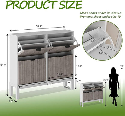 GarveeHome Fluted Shoe Storage Cabinet with 4 Flip Drawers, Narrow Wooden Shoe Organizer with Metal Legs, Modern Farmhouse Hidden Shoe Rack for Entryway, Hallway, White+Gray